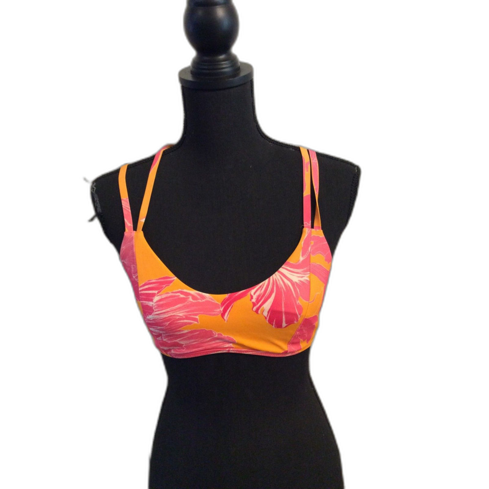 Athleta Medium M Criss Cross Back Floral Print Sport Bra Orange pink